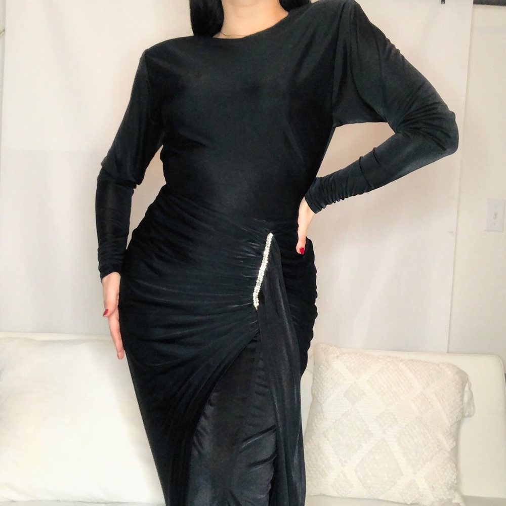 Vintage Night Moves New York Black Cocktail Long Dress Ruched W/Rhinestone Trim